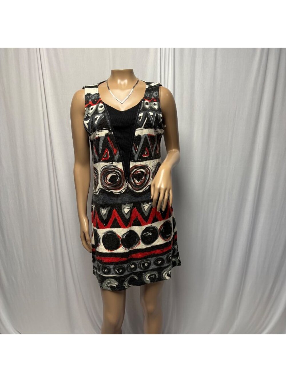 24Seven Comfort Knit Dress Size Medium Black Red Abstract Sleeveless Mini NEW
